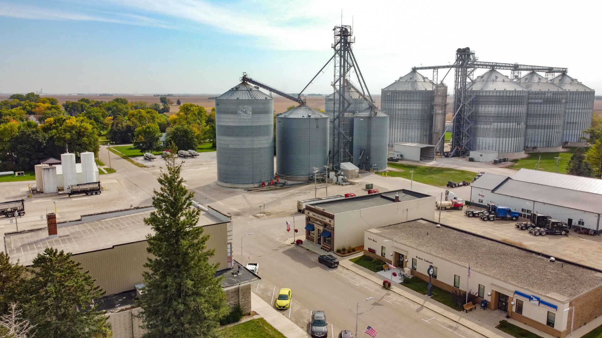 Drone view of grain terminal in Corwith, Iowa